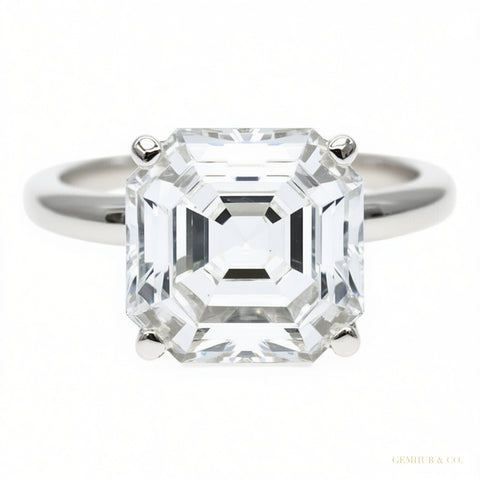 Certified 3.60 ct DEW Assher Cut White Moissanite Solitaire Statement Ring 18K Gold Pla 18K Gold Plated – white background main image