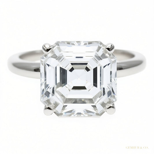Certified 3.60 ct DEW Assher Cut White Moissanite Solitaire Statement Ring 18K Gold Pla 18K Gold Plated – white background main image