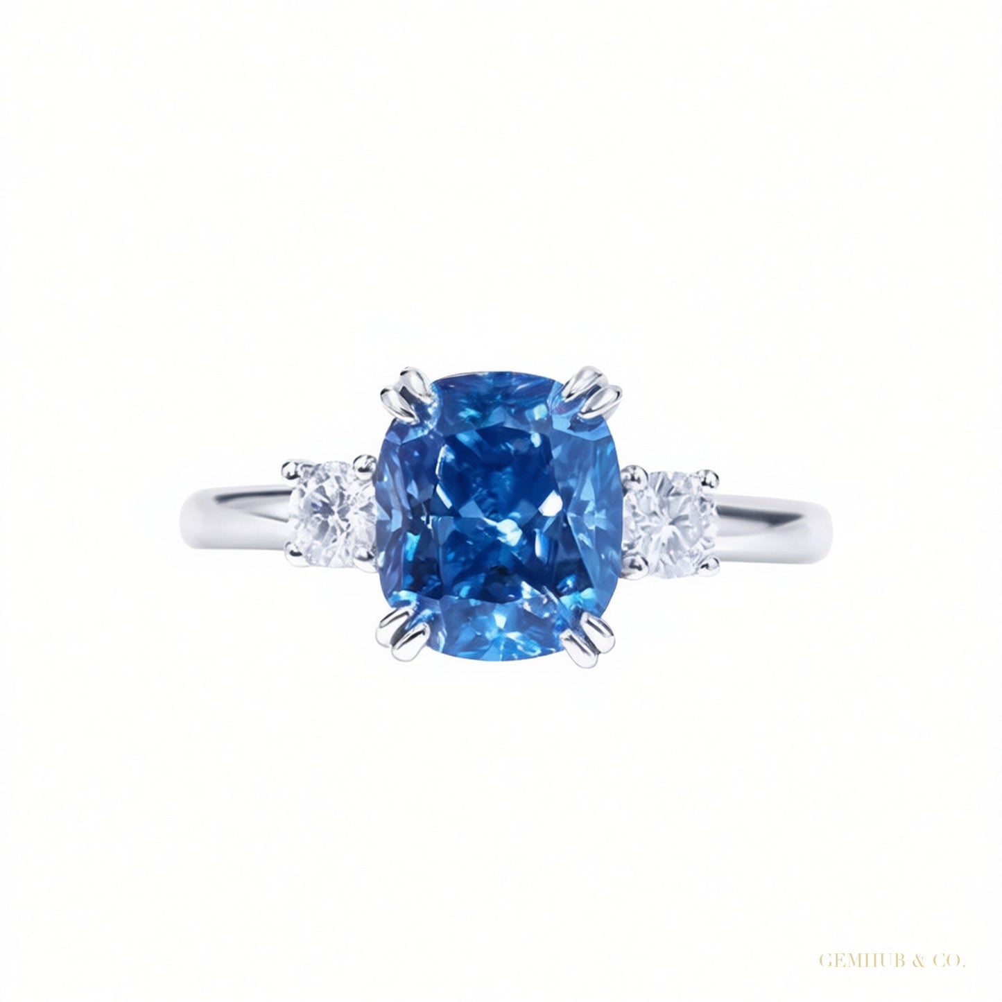 Certified 3.20 ct DEW Round Cut Blue Moissanite Engagement Ring In Gold Vermeil – white background main image