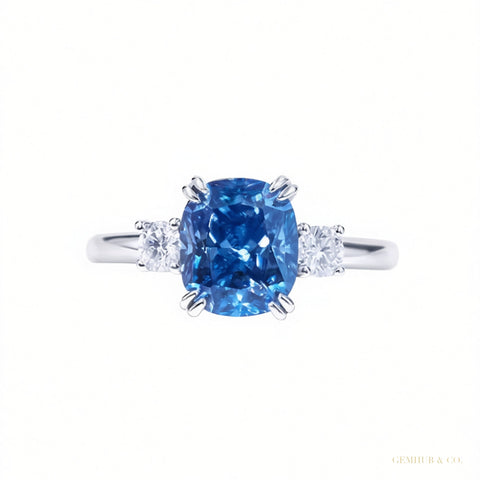 Certified 3.20 ct DEW Round Cut Blue Moissanite Engagement Ring In Gold Vermeil – white background main image