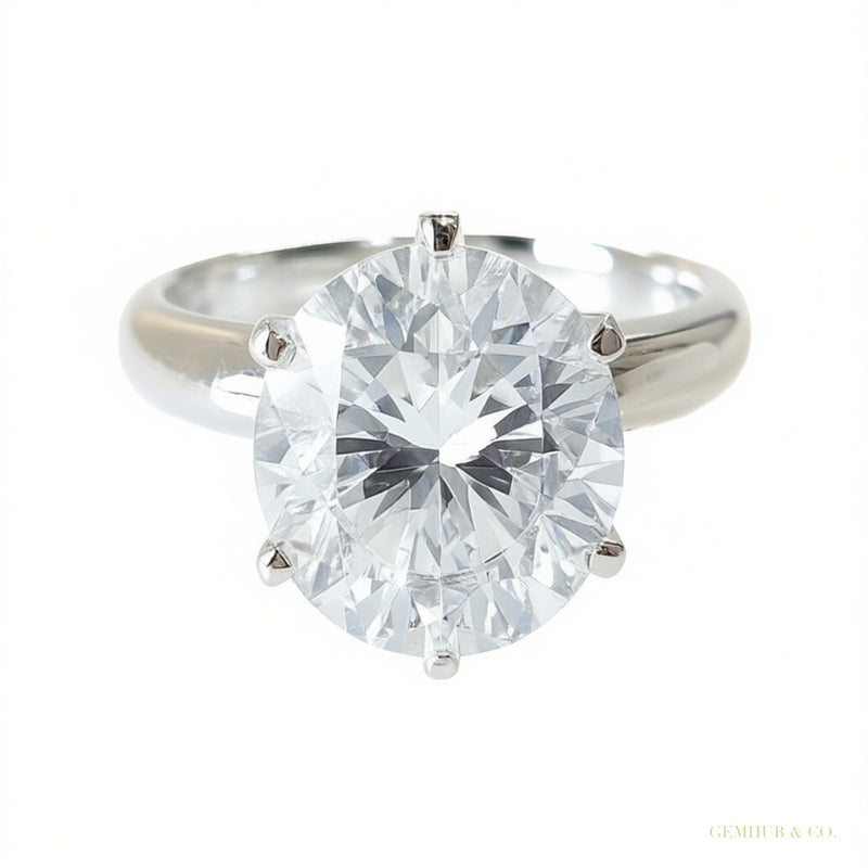 Certified 4.60 ct DEW Round Cut White Moissanite Solitaire Statement Ring In 18K Gold P 18K Gold Plated – white background main image