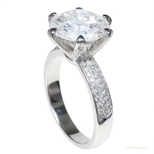 Certified 4.80 ct DEW Round Cut White Moissanite Solitaire Statement Ring 18K Gold Plat 18K Gold Plated – white background main image