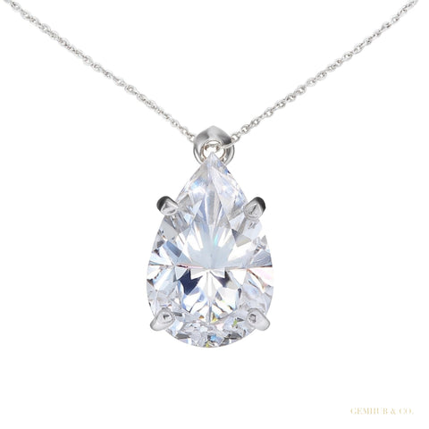 Certified 4.60 ct DEW Pear Shape White Moissanite Solitaire Pendant in Gold Vermeil – white background main image