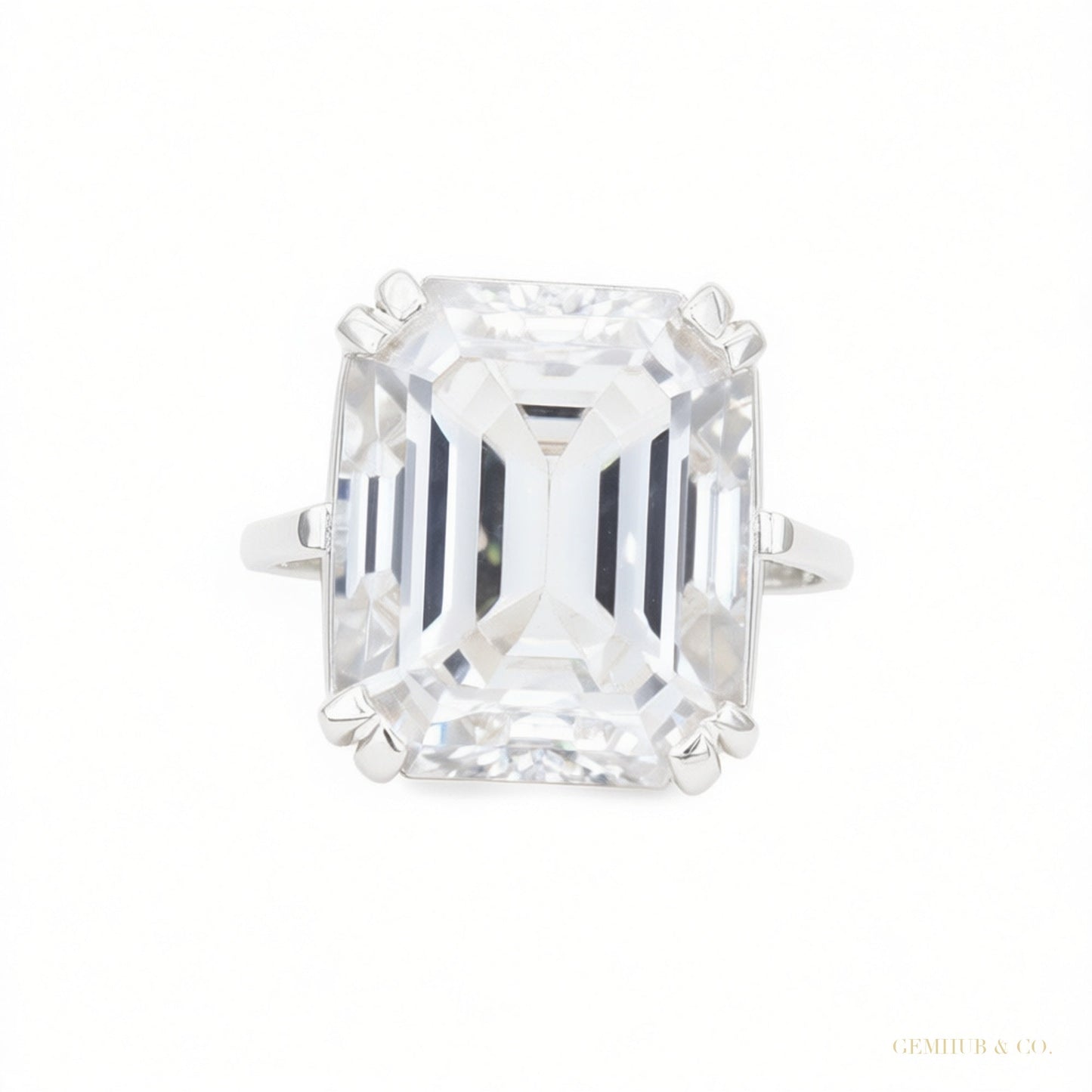 Certified 4 ct DEW Emerald Cut Moissanite Solitaire Ring in 18K Gold Plated – white background main image
