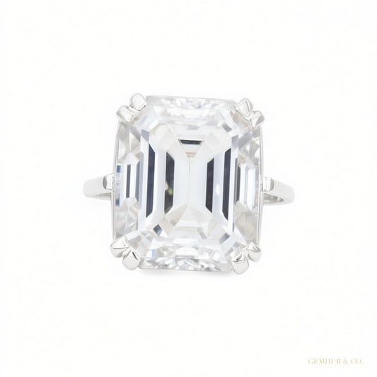 Certified 4 ct DEW Emerald Cut Moissanite Solitaire Ring in 18K Gold Plated – white background main image