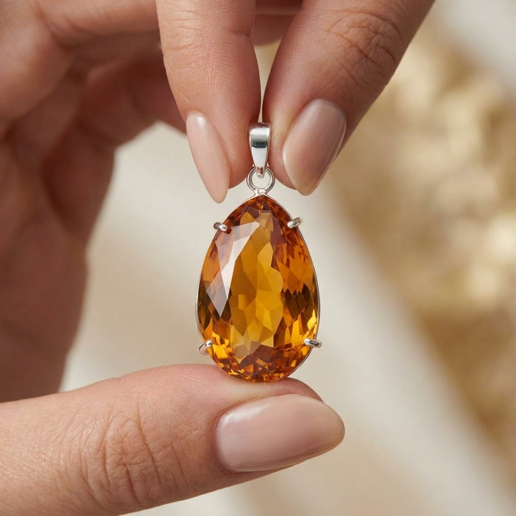 GEMHUB Yellow Citrine Pear 105 Ct pendant held in hand for size (AI)
