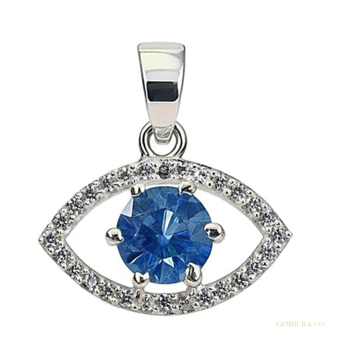 Delicate Certified 1.20 ct DEW Blue Moissanite Evil Eye Pendant In Gold Vermeil – white background main image