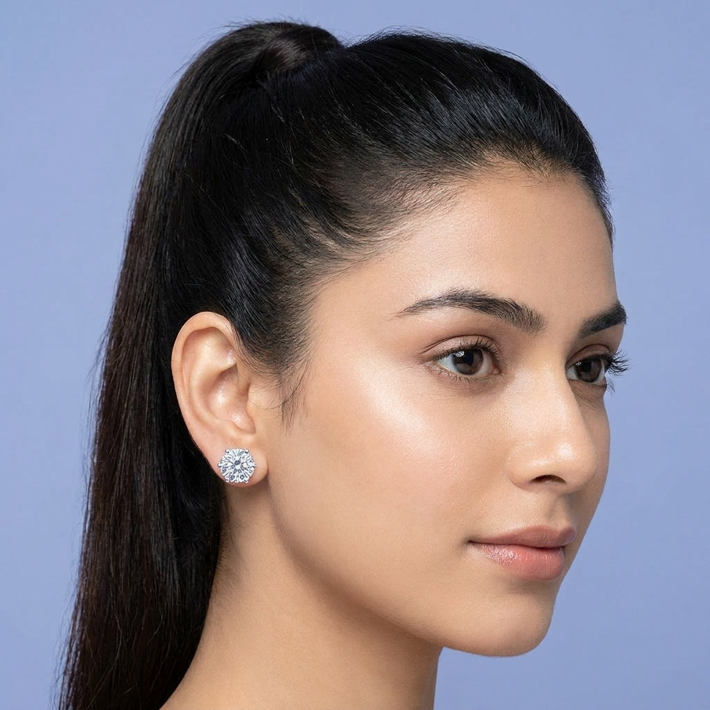 Large round moissanite stud worn on the ear