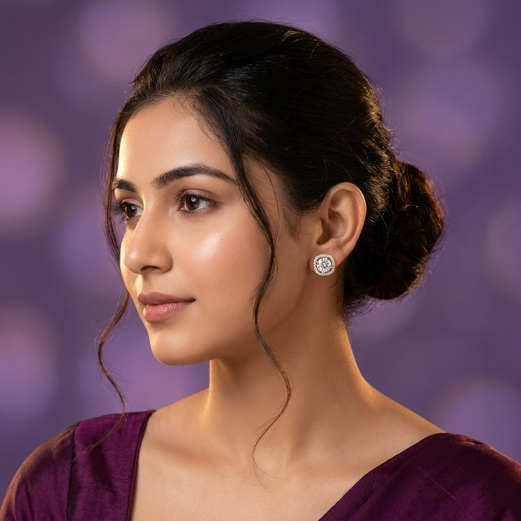 Diamond halo stud worn on the ear