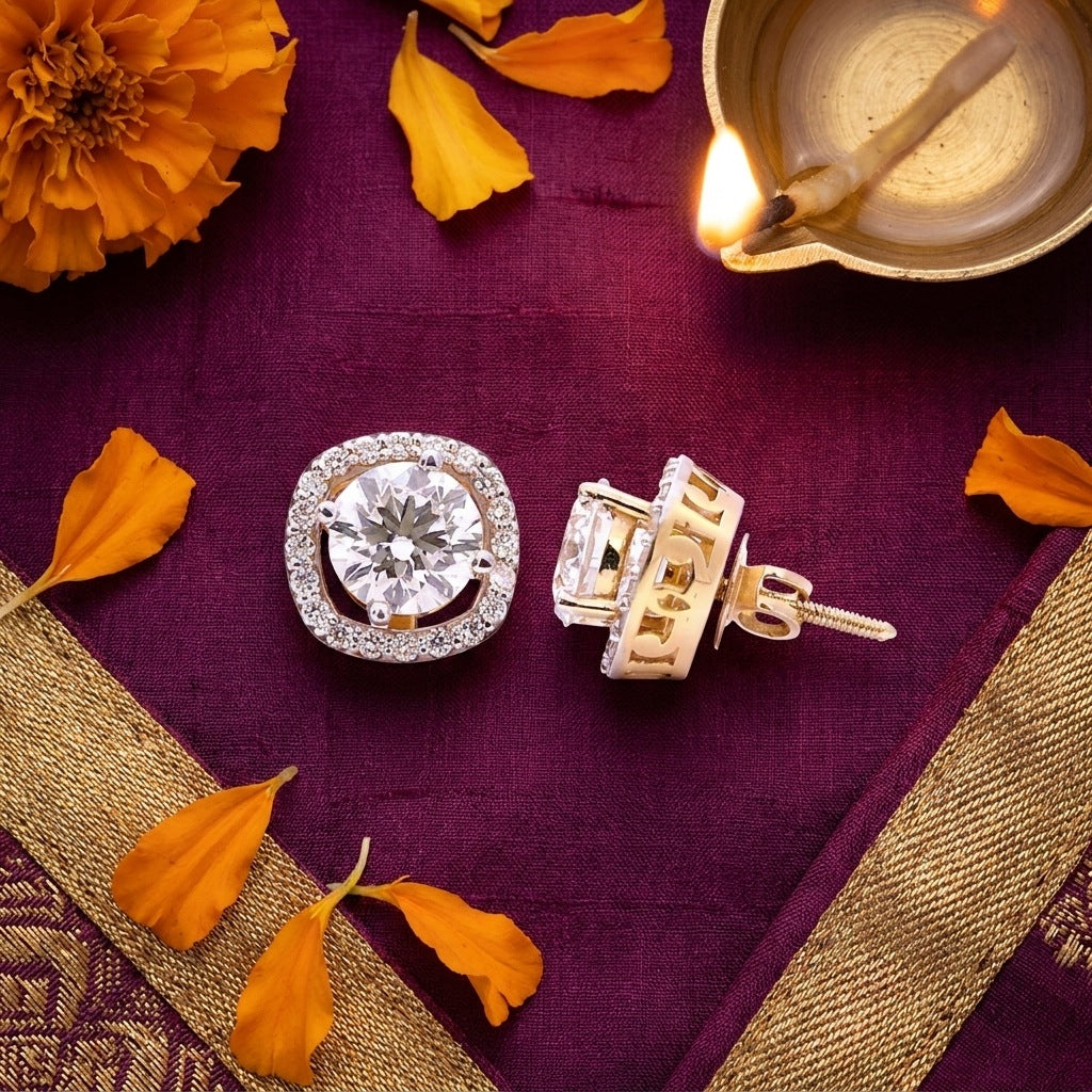 Diamond halo studs with marigold petals and silk