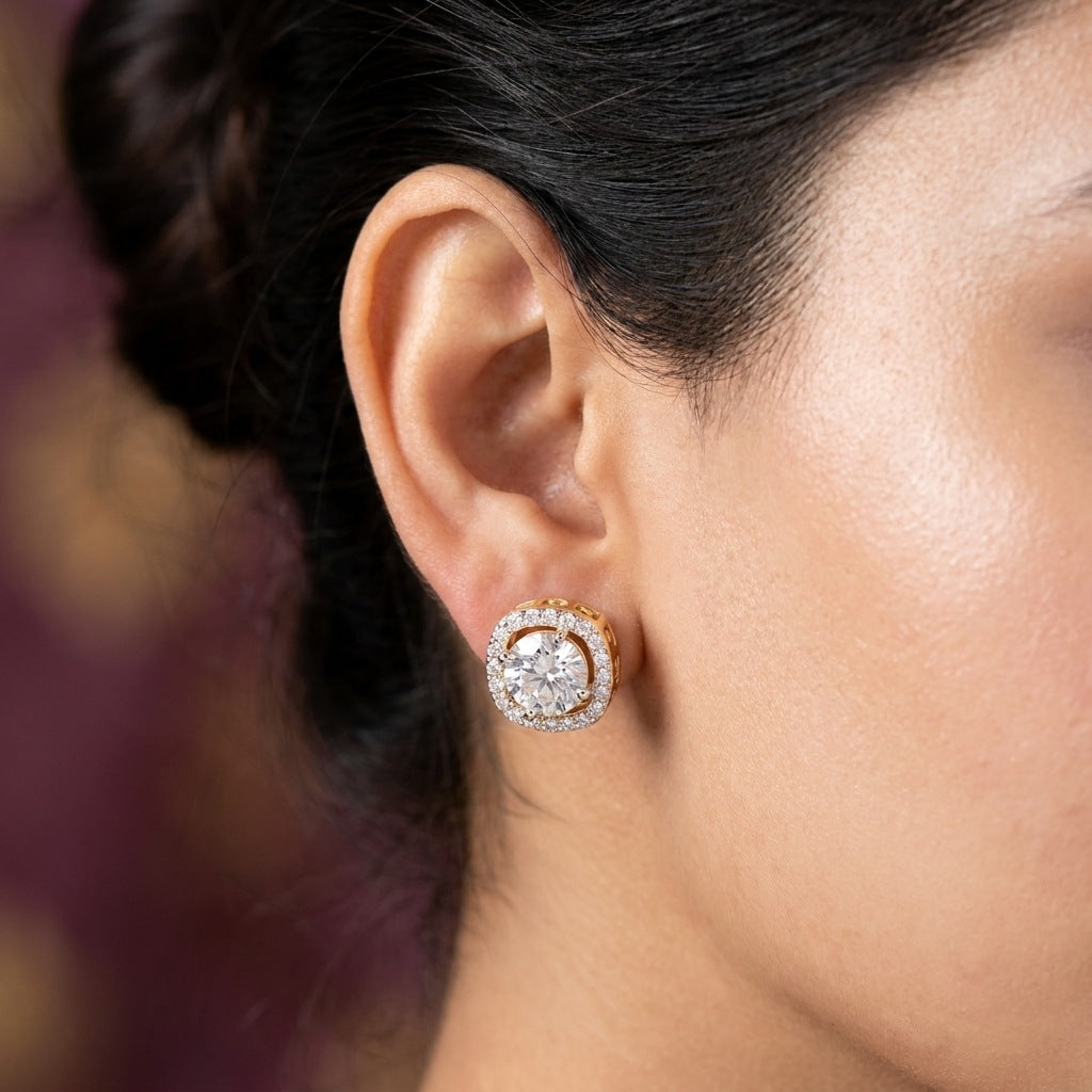 Close-up of the halo diamond stud on the earlobe