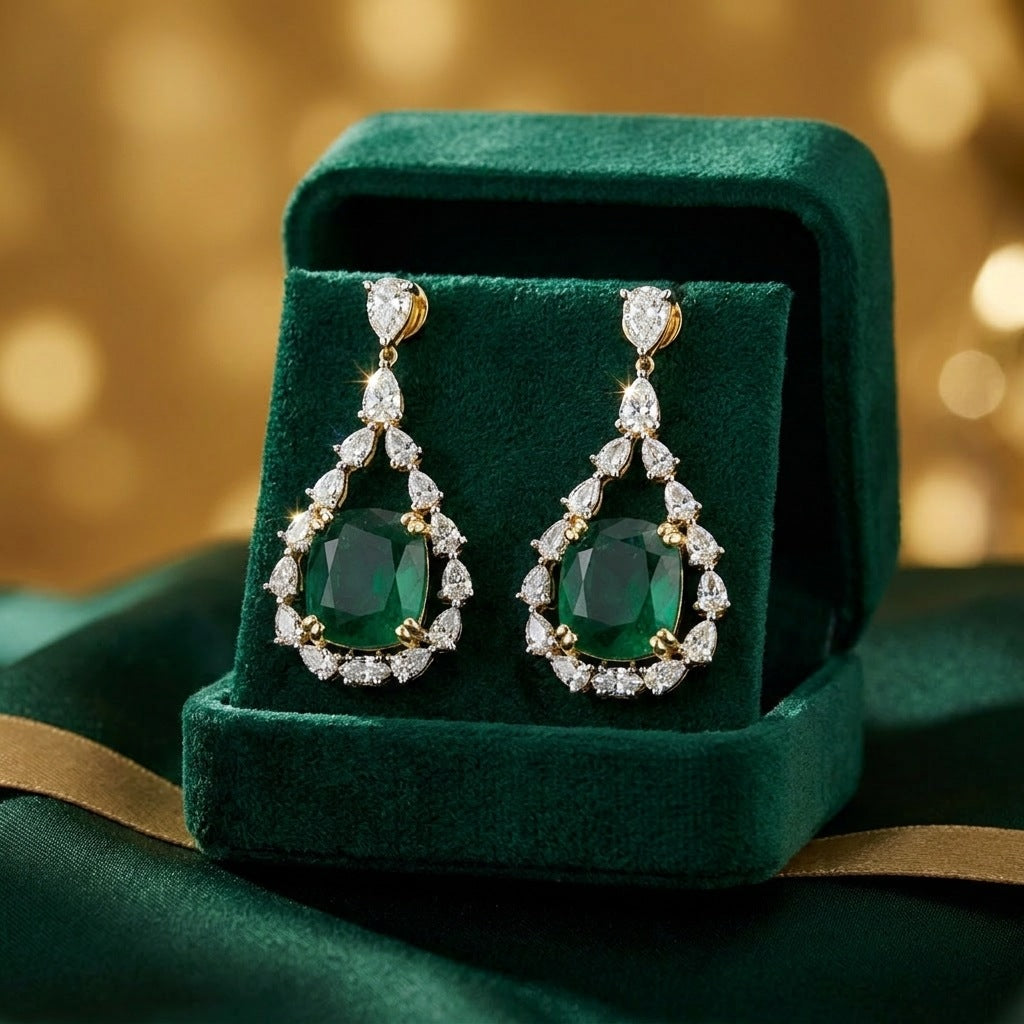 Pair of emerald halo drop earrings in a green velvet gift box