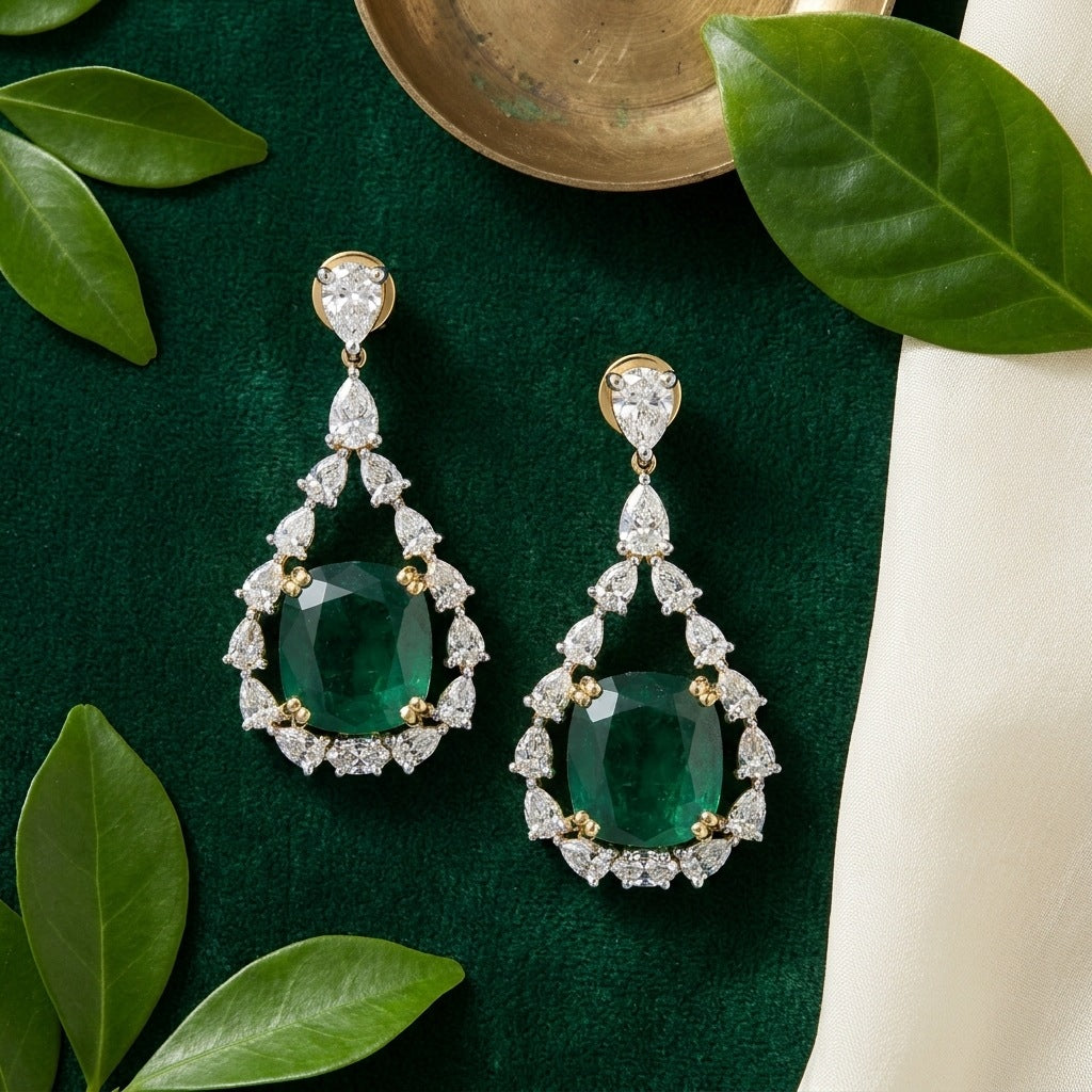 Emerald drop earrings flat-lay with silk and fresh leaves
