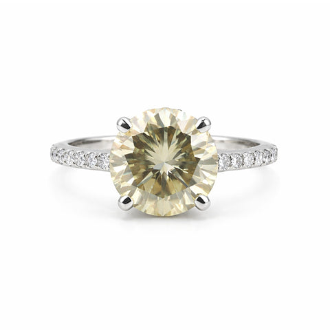 GEMHUB 2.90 Ct round cut champagne lab grown diamond ring with pavé band, 18k gold vermeil.