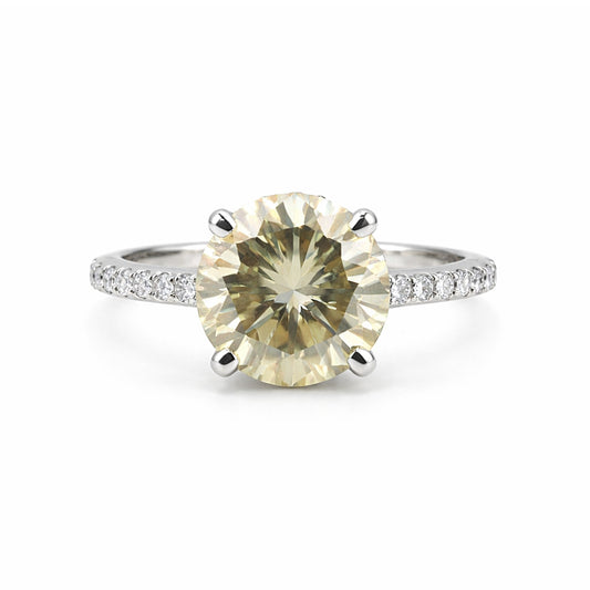 GEMHUB 2.90 Ct round cut champagne lab grown diamond ring with pavé band, 18k gold vermeil.