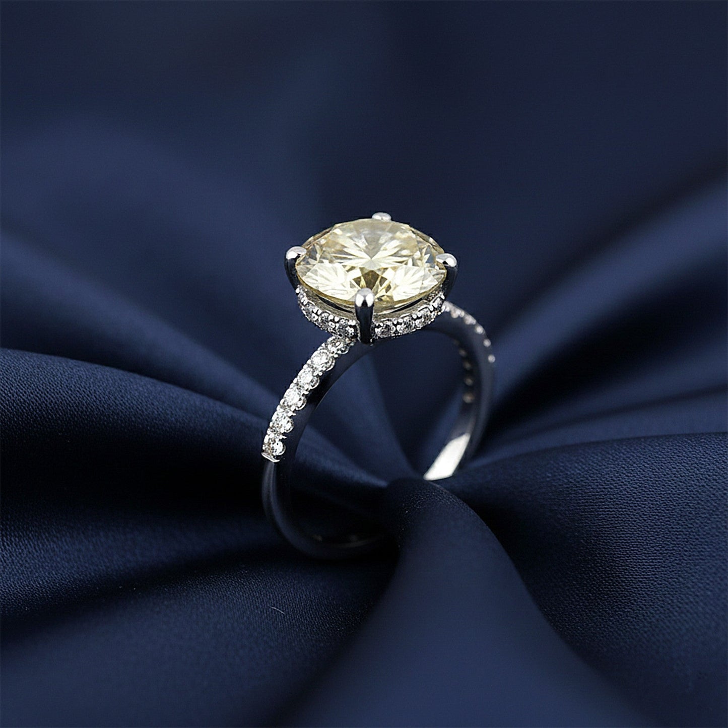 GEMHUB 2.90 Ct round cut champagne lab-grown diamond ring with pavé band in 18k gold vermeil.