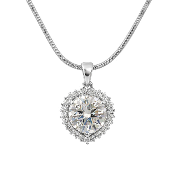 GEMHUB 3.50 Ct round cut lab grown diamond pendant with VS1 clarity in 18k gold vermeil, surrounded by smaller diamonds.