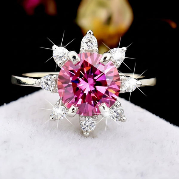 GEMHUB 2.5ct round pink moissanite solitaire ring with accent stones, 18K gold plated vermeil over sterling silver.