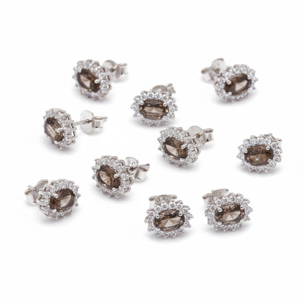GEMHUB 5 pairs of oval smoky topaz and white diamond halo stud earrings in 925 sterling silver.