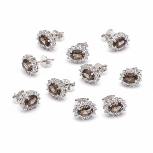 GEMHUB 5 pairs of oval smoky topaz and white diamond halo stud earrings in 925 sterling silver.