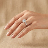 Classic six-prong round moissanite solitaire ring worn on hand