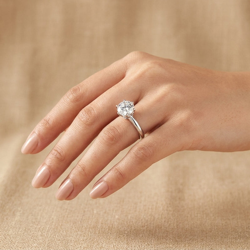 Classic six-prong round moissanite solitaire ring worn on hand
