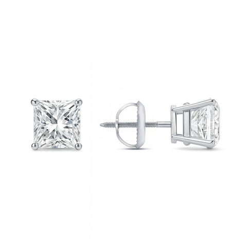 GEMHUB 14K white gold princess cut lab-created diamond stud earrings, 1 ct total weight, screw back closure.