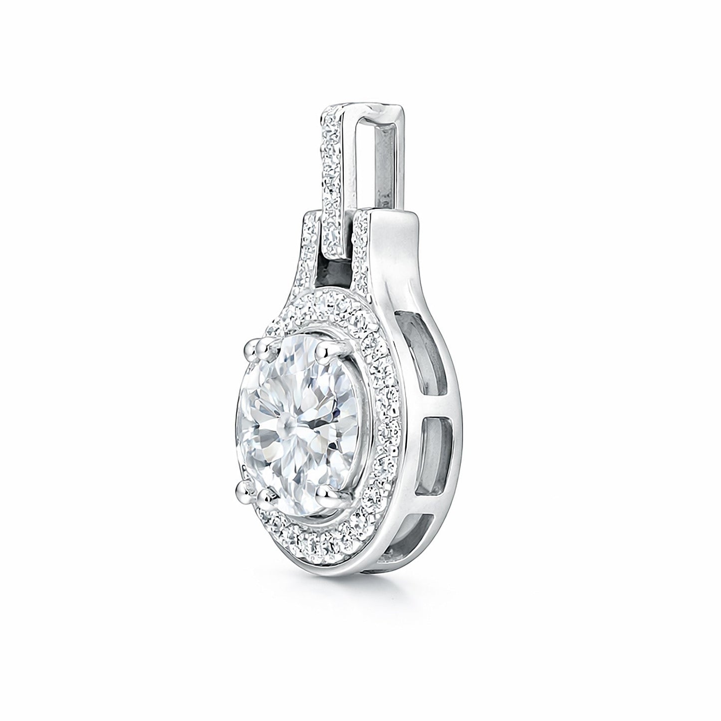 GEMHUB 2.50 Ct round cut lab grown diamond pendant with VS1 clarity, set in 18k gold vermeil with a halo of smaller diamonds.