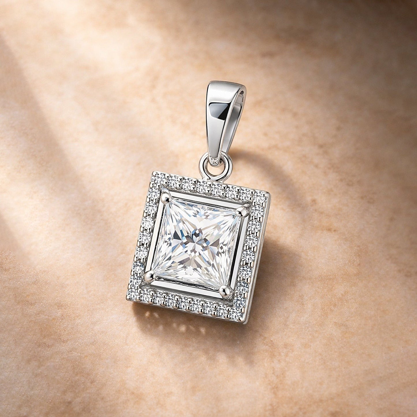 GEMHUB 2 Ct princess cut lab-grown diamond pendant in 18k gold vermeil with VS1 clarity, surrounded by smaller accent diamonds.