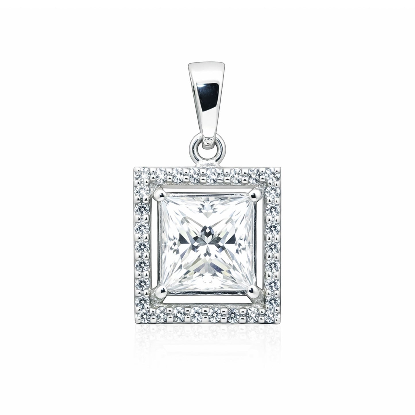 GEMHUB 2 Ct princess cut lab-grown diamond pendant in 18k gold vermeil with VS1 clarity, surrounded by a halo of smaller diamonds.
