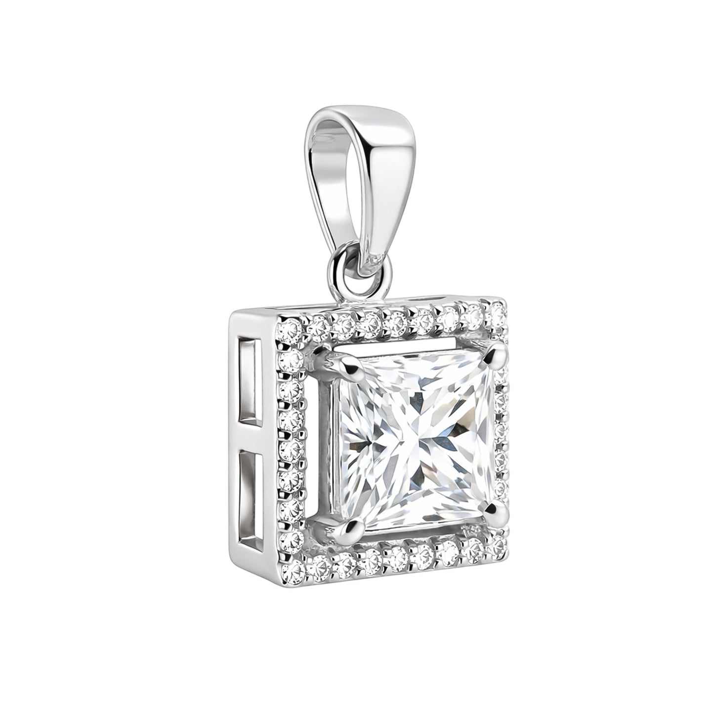 GEMHUB 2 Ct princess cut lab-grown diamond pendant in 18k gold vermeil with VS1 clarity, surrounded by a halo of smaller diamonds.