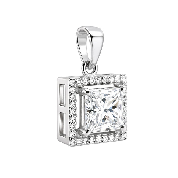 GEMHUB 2 Ct princess cut lab-grown diamond pendant in 18k gold vermeil with VS1 clarity, surrounded by a halo of smaller diamonds.