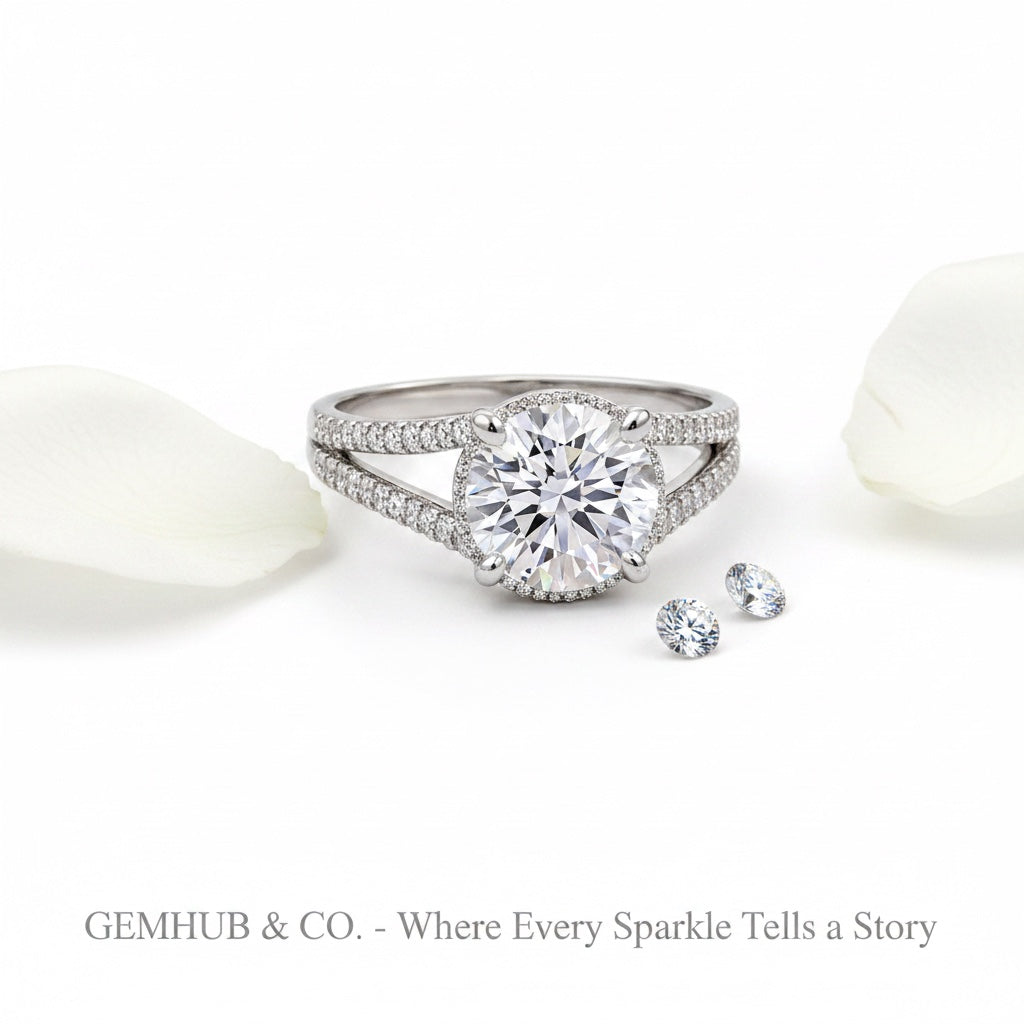 Top view of 3.1ct round lab diamond solitaire with pavé-set diamond shoulders