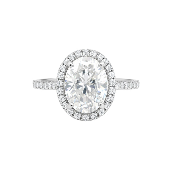 GEMHUB 3.00 Ct oval cut lab grown diamond ring with VS1 clarity, set in 18k gold vermeil with a diamond halo and band.