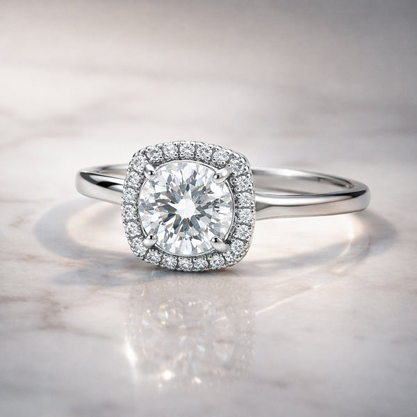 GEMHUB 4.00 Ct round cut lab grown diamond ring with halo setting, 18k gold vermeil band.