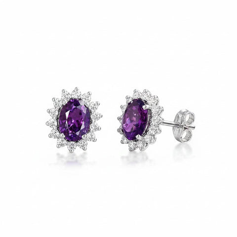 GEMHUB 10 carat oval amethyst and diamond halo stud earrings in 925 sterling silver.