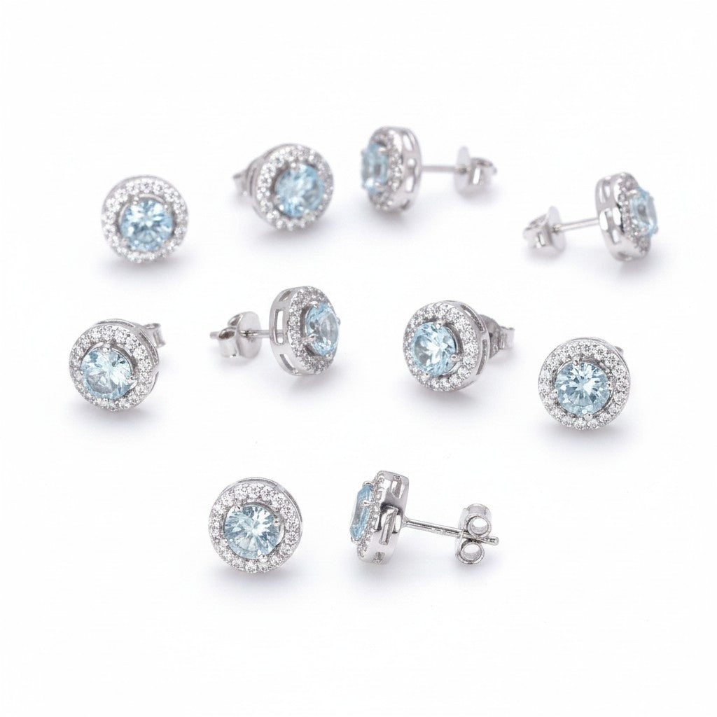 GEMHUB 5 pairs of round cut aqua sky aquamarine halo stud earrings in 925 sterling silver.