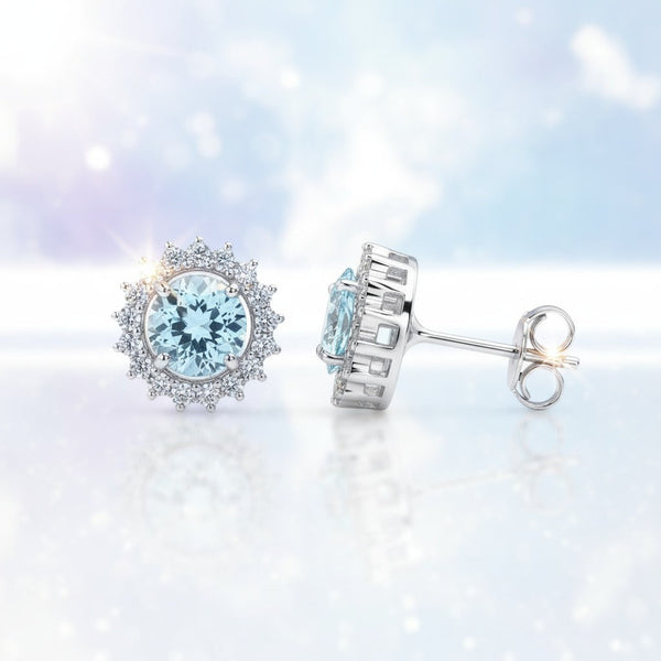 GEMHUB 10 Ct aqua sky aquamarine round cut halo stud earrings in 925 sterling silver.