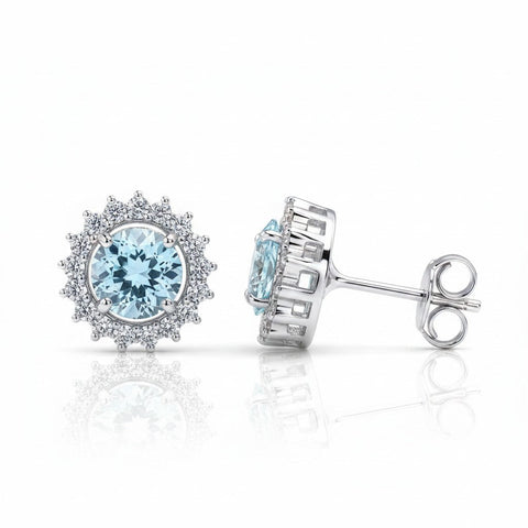GEMHUB 10 Ct aqua sky aquamarine round cut halo stud earrings in 925 sterling silver.