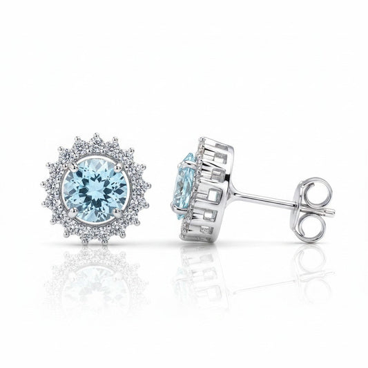 GEMHUB 10 Ct aqua sky aquamarine round cut halo stud earrings in 925 sterling silver.