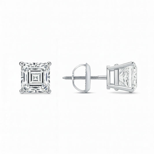 GEMHUB Asscher cut lab-created diamond stud earrings in 14K white gold with screw backs, 3 ctw.