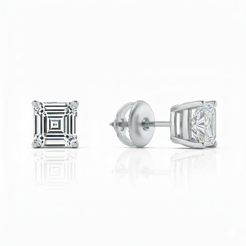 GEMHUB 1 Ct Asscher lab-created diamond stud earrings in 14K white gold with screw backs.