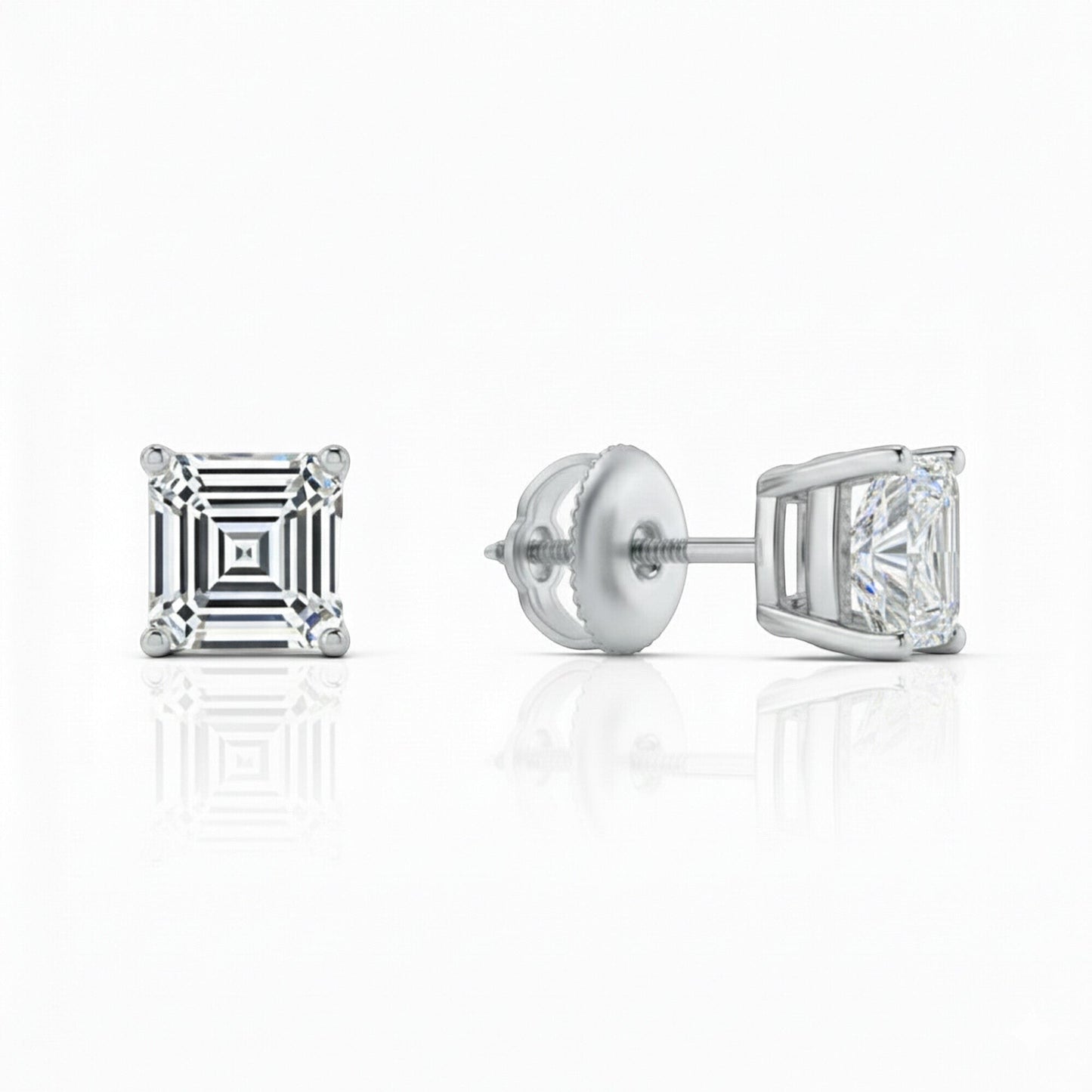 GEMHUB 3 Ct Asscher cut lab-created diamond stud earrings in 950 platinum with screw backs.