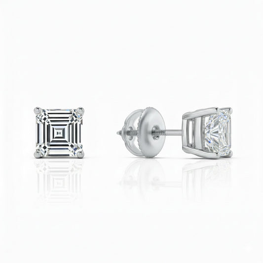 GEMHUB 3 Ct Asscher cut lab-created diamond stud earrings in 950 platinum with screw backs.