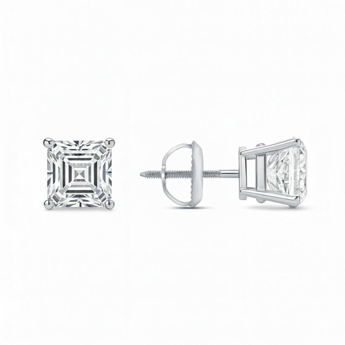 GEMHUB Asscher cut lab-created diamond stud earrings in 950 platinum with screw backs. 2 ct total weight.