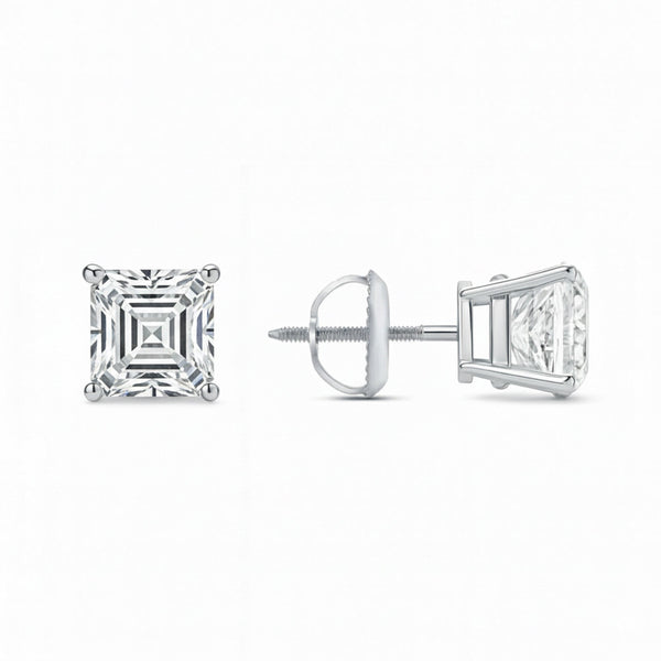 GEMHUB Asscher cut lab-created diamond stud earrings in 950 platinum with screw backs. 2 ct total weight.