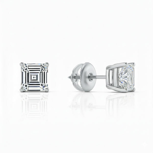 GEMHUB 14K white gold asscher cut lab-created diamond stud earrings, 3 ct total weight, screw back closure.