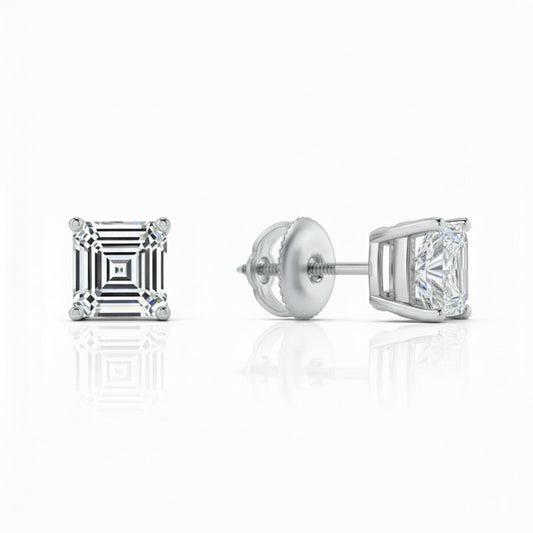 GEMHUB Asscher cut lab-grown diamond stud earrings in 950 platinum with screw backs, 1 ct total weight.