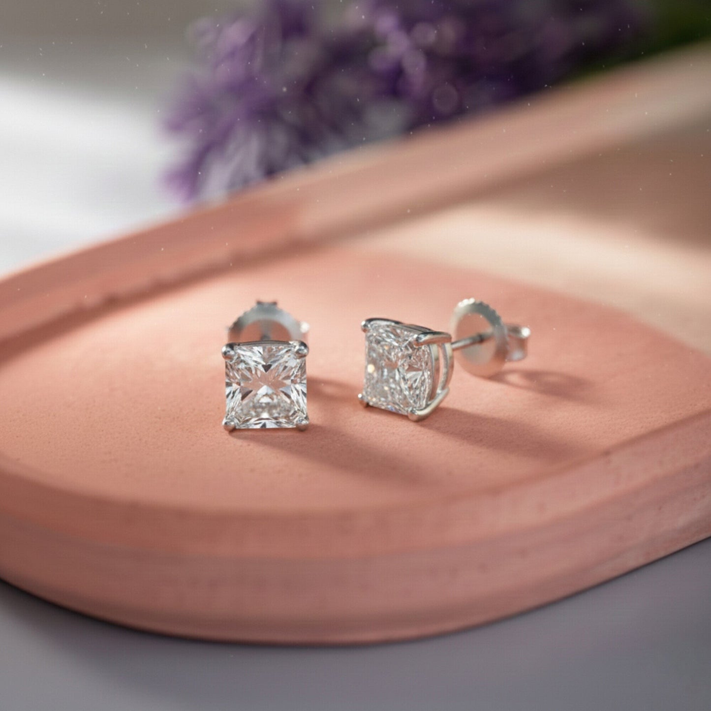 GEMHUB Asscher cut lab-created diamond stud earrings in 950 platinum with screw backs, 1 ct total weight.