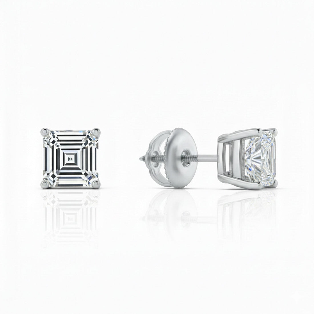 GEMHUB Asscher cut lab-created diamond stud earrings in 950 platinum with screw backs, 2 ct.